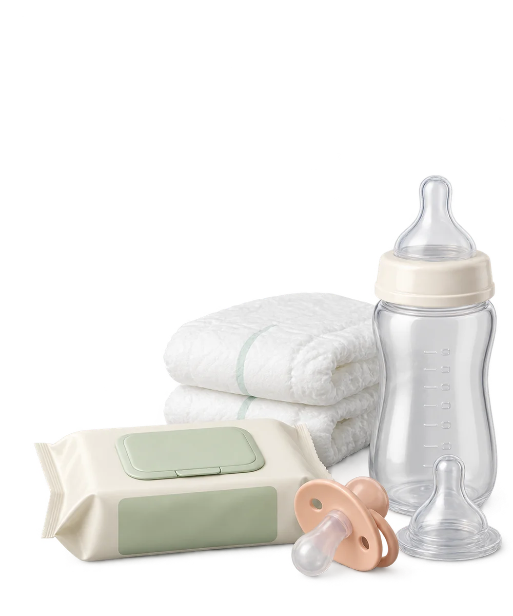 Illustration of diapers, wipes, an empty bottle, a nipple and a pacifier