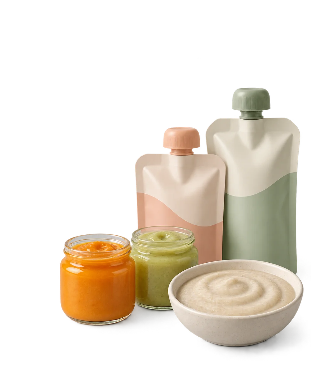 Illustration of baby food jars, pouches and a bowl of cereal