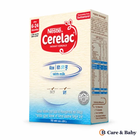 Nestlé CERELAC Rice with Milk — 350 g packaging on a white background with a small Care & Baby logo; design illustration
