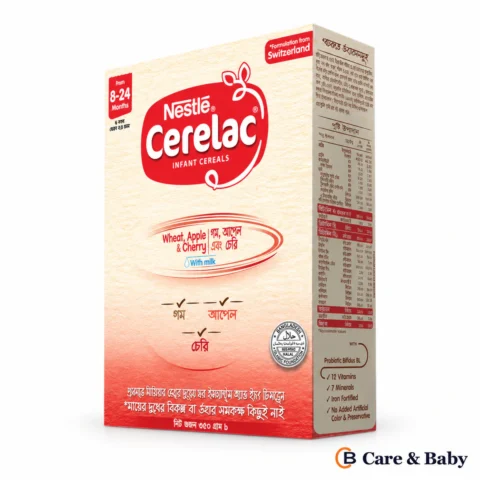 Nestlé CERELAC Wheat, Apple & Cherry with Milk — 350 g packaging on a white background with a small Care & Baby logo; design illustration