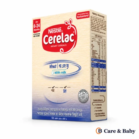 Nestlé CERELAC Wheat with Milk — 350 g packaging on a white background with a small Care & Baby logo; design illustration