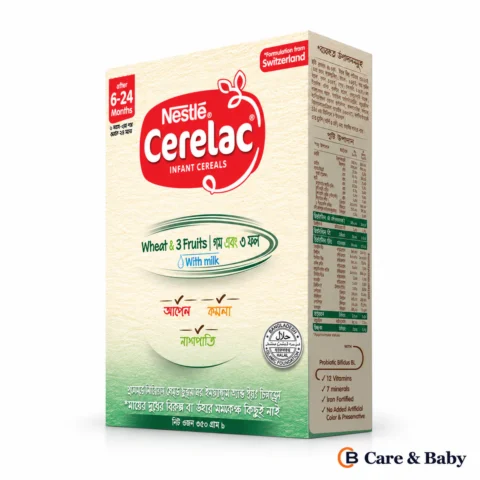 Nestlé CERELAC Wheat & 3 Fruits with Milk — 350 g packaging on a white background with a small Care & Baby logo; design illustration