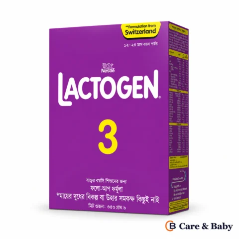 Nestlé LACTOGEN 3 Follow-up Formula — 350 g packaging on a white background with a small Care & Baby logo; design illustration